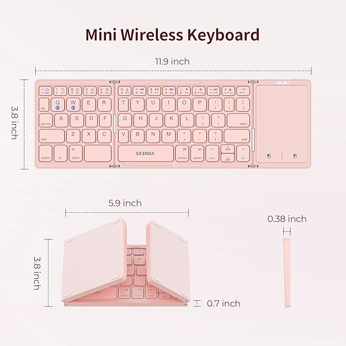 seenda Foldable Bluetooth Keyboard for Travel, Tri-Folding Wireless Rechargeable Multi-Device Portable Keyboard with Touchpad, for Laptop iPad Tablet PC Smartphone Windows iOS Android, Pink