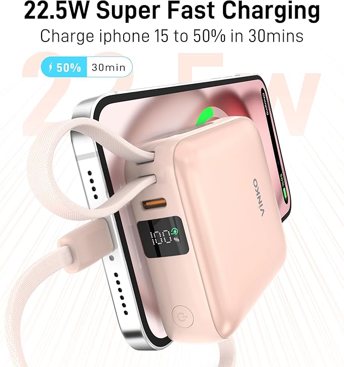 VINKO 10000mAh Power Bank Built-in Cables, Fast Charging with LED Display, Small Travel Battery Pack with Cords, Airplane Travel Essentials,Portable Phone Charger for Cell Phone Smart Devcies(Pink)