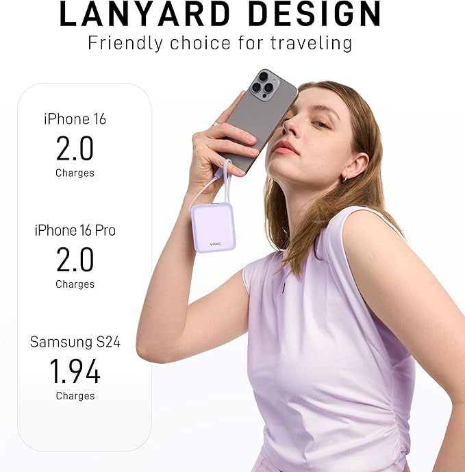 VINKO Portable Charger Power Bank with Built-in Cables, 22.5W Fast Charging 10000mAh Phone Charger, Small Travel Battery Pack with Smart LED Display for iPhone, Android & USB-C Devices(Purple)