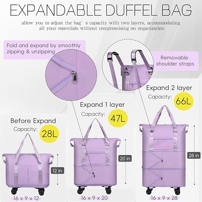 VOOWO Duffel Bag with Wheels - Rolling Foldable Expandable Duffle Bag with Wheels for Travel, Rolling Luggage Bag Carry On Travel Bag with Wheels, Large Wheeled Overnight Weekender Bag (Light Purple)