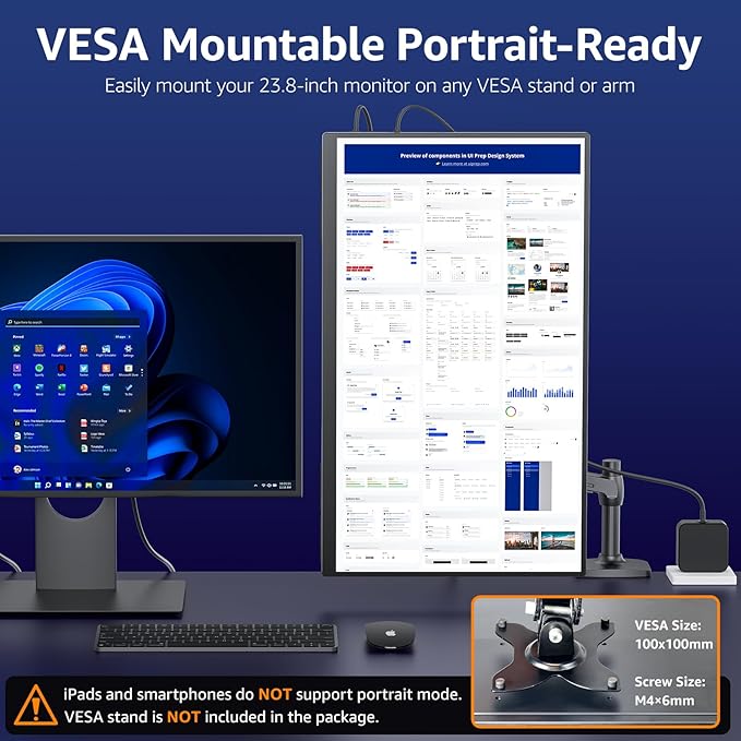 VisionOwl 23.8-Inch Large Portable Monitor-2K QHD 180Hz Refresh Rate Gaming Monitor, 130% sRGB, IPS Panel, USB-C & HDMI for Laptop, PC, Mac, PS5, Xbox, Built-in Kickstand, VESA Mountable