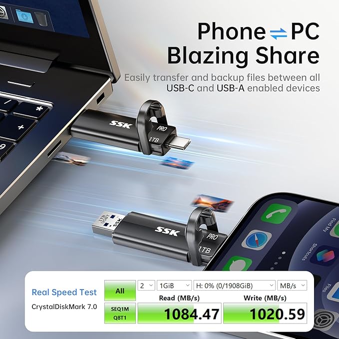 SSK USB Solid State Flash Drive 1TB, External SSD Up to 1000MB/s, Dual Port USB 3.2 Type-C/A, Portable SSD in Zinc Alloy Thumb Drive Stick for iPhone 15/16 Pro, Mac, PC, Android OTG Storage