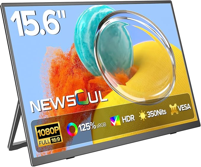 Newsoul Portable Monitor 15.6 Inch, 125% sRGB Laptop Monitor Built-in 0~180°Adjustment Stand | Speaker | VESA, HDMI USB-C Plug&Play, Ultra-Thin Second Extender Screen for Phone Game Console