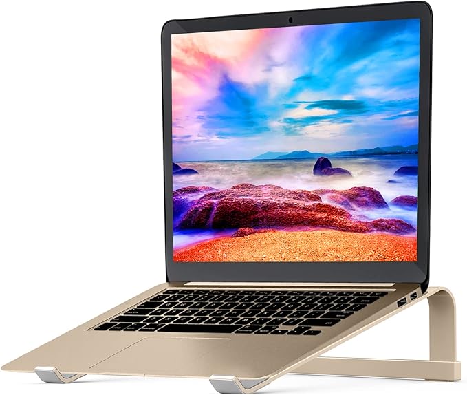 LENRUE Laptop Stand for Desk，Stable MacBook Pro Stand，Ergonomic Aluminum Computer Riser for 12 13 15 16.2 inch ，Computer Cooling Stand for Mac MacBook Pro Air,HP, Dell, More PC Notebook (Gold)