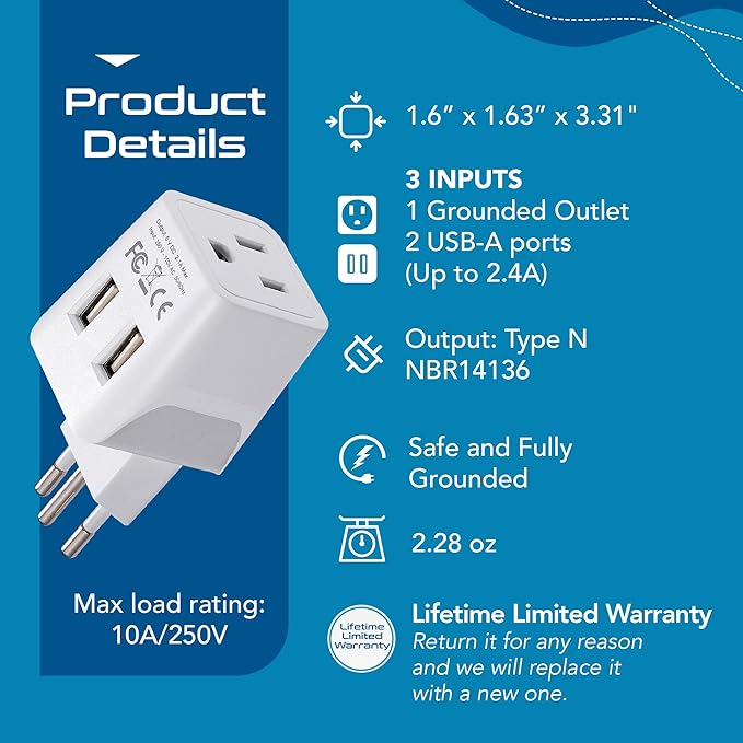 Ceptics Brazil Travel Adapter Plug With Dual USB - USA Input - Type N - Ultra Compact - Perfect for Cell Phones, Laptop, Camera Chargers, iWatch and More (CTU-11C)