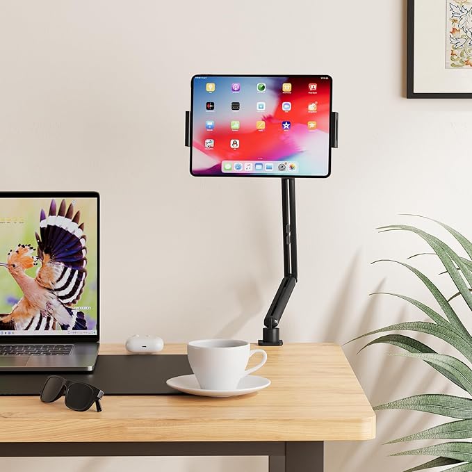 Tablet Stand Holder, Adjustable Foldable iPad Desk Mount Arm with 360°Rotate Base, Tablet Holder with Clamp iPad Stand for Desk, Compatible with Tablets, Phones or Other 4.7-15.6" Device