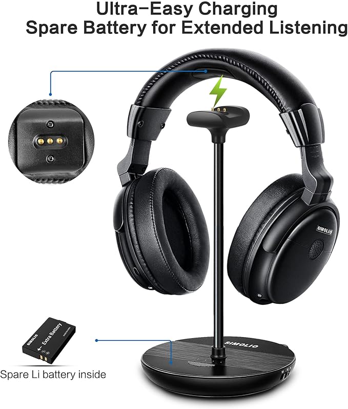 SIMOLIO Wireless Headphones for TV with Clear Dialog Mode, Boosted Volume & Spare Battery for Seniors, Comfortable TV Watching w/L/R Balance, by-Pass, Charging/Transmitter Stand 2-in-1, No Pairing