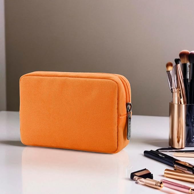 E-Tree Cute Small Makeup Bag,Cosmetic Toiletry Make up Skin Care Little Items Pouch for Purse,Zipper Mini Tech Charger Cable Electronic Organizer Case,Travel Accessories for Women Men Teen,Orange