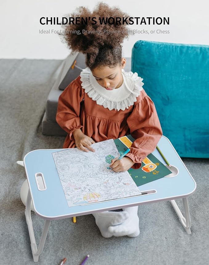 Laptop Bed Desk, Foldable Lap Table, Portable Study Table, Laptop Stand with Cup Holder & Tablet Slot & Lifting Handle for Working Writing Drawing & Eating - Blue