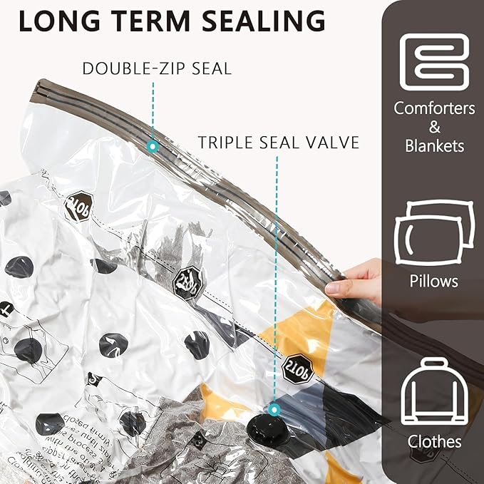 SUOCO Travel Vacuum Seal Bags for Clothing with Hand Pump, 8 XL Compression Packing Bags for Luggage Suitcase, Space Saver Storage