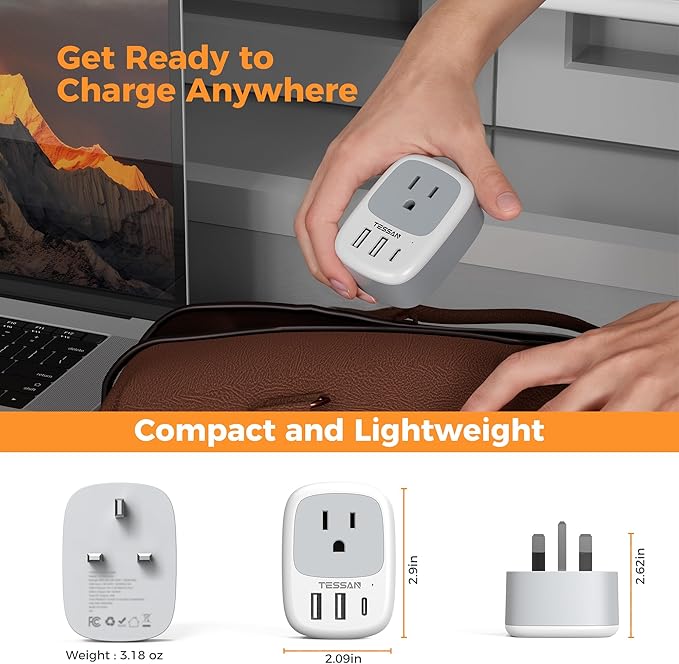 UK Adapters for Travel, TESSAN US to UK Plug Adapter, Ireland Outlet Plug with 3 USB Charger (1 USB C Port), Type G Power Adaptor for USA to England Qatar Hong Kong Scotland Dubai London Kenya Irish