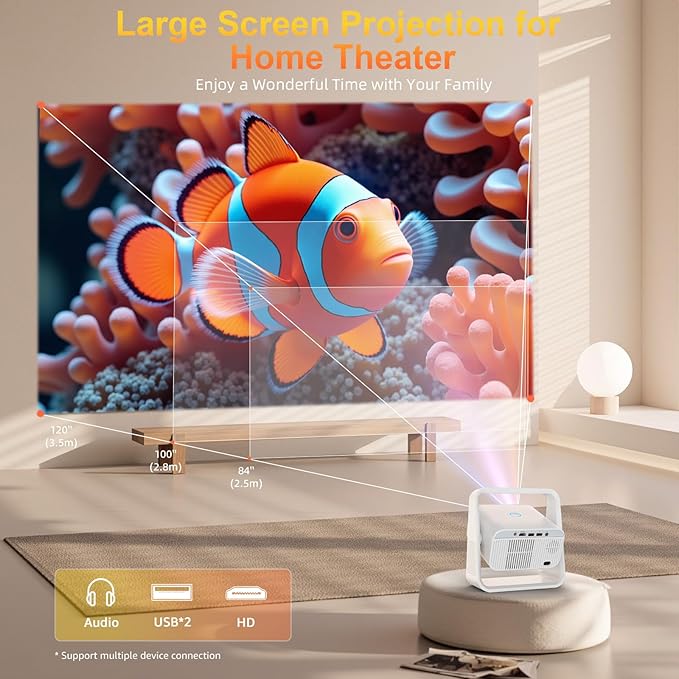 Smart Projector with WiFi and Bluetooth, Built-in Apps, Electric Focus & Auto Keystone Portable Outdoor Projecor, Native 1080P Projector 4K Support, Movie Projector for Home Theater (White)