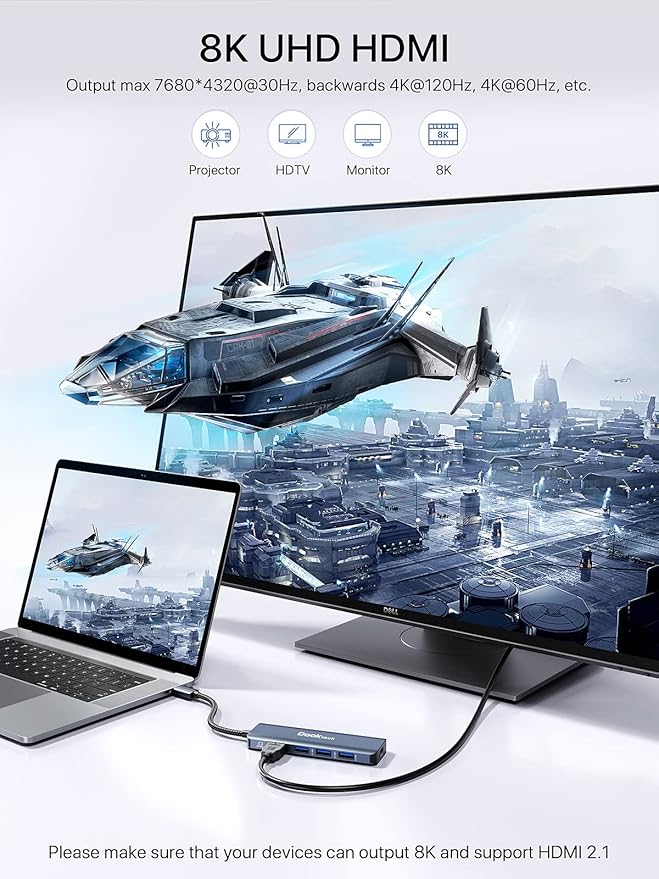 Dockteck 5-in-1 USB-C Multiport Adapter, 8K HDMI, 100W PD, 3 x USB 3.0 for Steam Deck, MacBook Pro/Air M1, iPad Pro/Air, Surface Pro 7/8/X