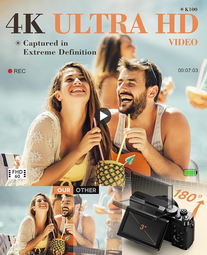 TURE 48MP 4K Digital Camera for Photography & YouTube Vlogging - 18X Zoom UHD Autofocus Video Camera with 3" 180° Flip Screen, 32GB SD Card & 2 Batteries - Compact Travel (Black)