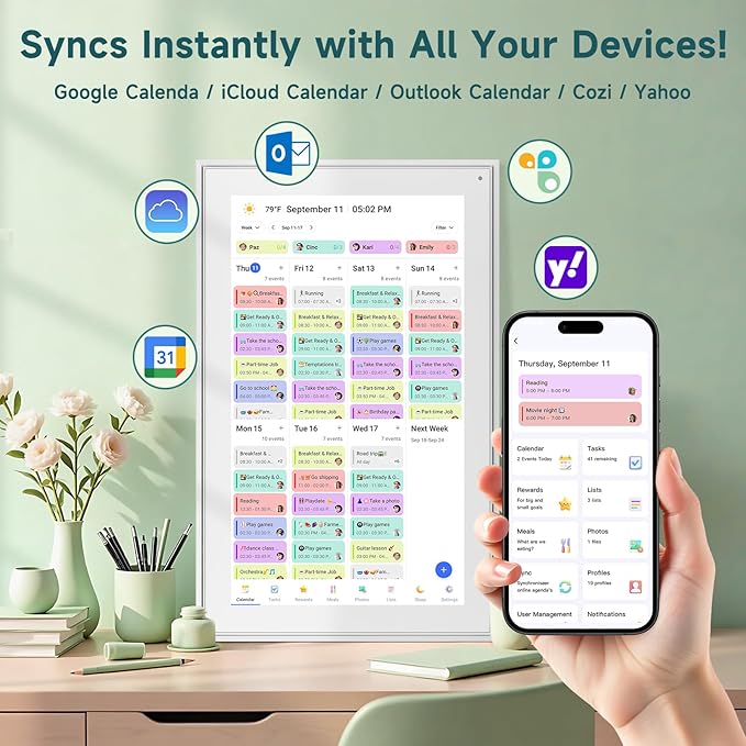 21.5 Inch Smart Digital Calendar – Electronic Chore Chart & Planner with 1920x1080P IPS Touchscreen, Weekly/Monthly Family Organizer for Wall or Desk, White 2025 New Version