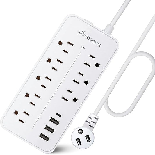20FT Surge Protector Power Strip Extension Cord with USB C, Asamoom Flat Plug Power Strip with Long Cord, 8 Outlets and 3 USB-A & 1 USB-C Port,1700J for Wall Mount Desk White, ETL Listed