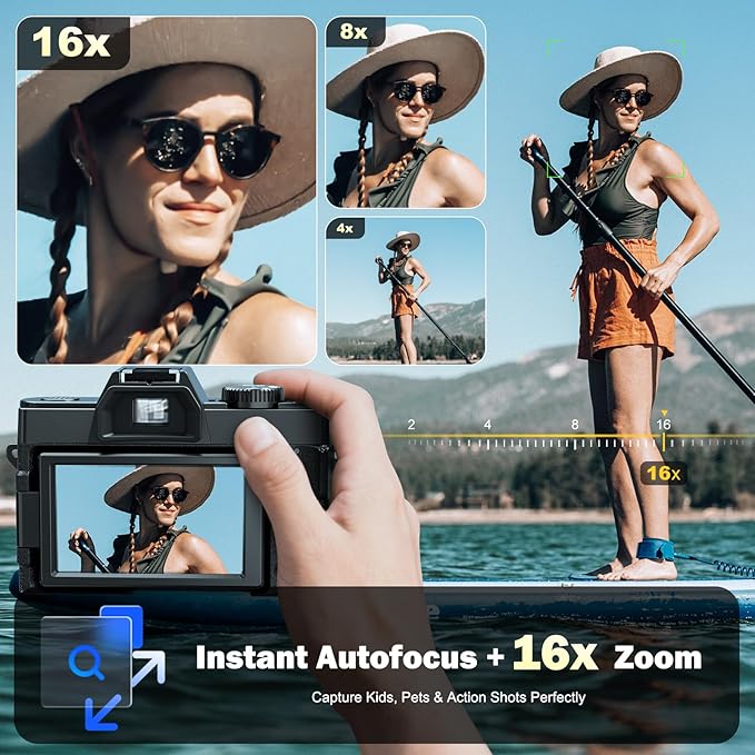 Digital Camera for Photography，TURE 4K&48MP，WiFi, 16X Zoom Autofocus, Anti-Shake, 3" 180° Flip Screen, Vlogging Camera for YouTube Travel,Point and Shoot Camara with 32GB TF Card (2 Batteries)