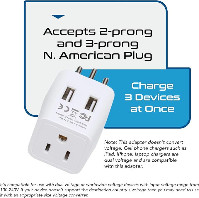 Ceptics Brazil Travel Adapter Plug With Dual USB - USA Input - Type N - Ultra Compact - Perfect for Cell Phones, Laptop, Camera Chargers, iWatch and More (CTU-11C)