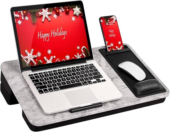 LAPGEAR Extra Large Adjustable Lap Desk with Gel Wrist Rest, Mouse Pad, Phone Holder, Device Ledge, and Booster Cushion - White Marble - Fits up to 17.3 Inch Laptops - Style No. 88101
