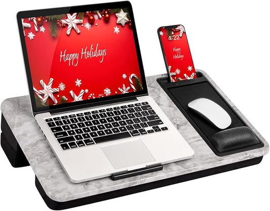 LAPGEAR Extra Large Adjustable Lap Desk with Gel Wrist Rest, Mouse Pad, Phone Holder, Device Ledge, and Booster Cushion - White Marble - Fits up to 17.3 Inch Laptops - Style No. 88101