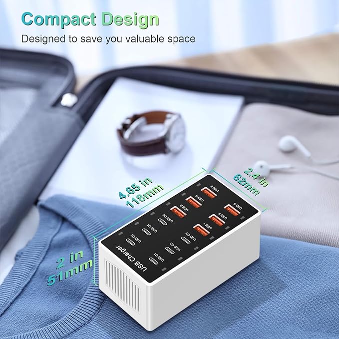 USB C Charging Station Cell Phone Wall Charger 12Ports USBC Fast Charging Power Hub Cube 6 USB A 6 USB C Charger Block Power Strip Dock Adapter for iPhone 15/14/13 iPad Android Smart Phones
