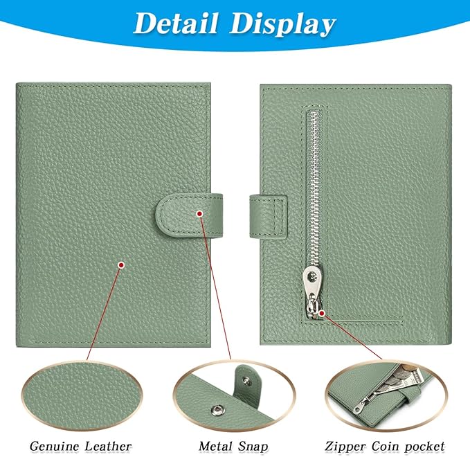 Passport Holder for Travel Women RFID Blocking Genuine Leather Passport Wallet with Card Slots, Zipper Coins Pocket, Cash Holder, Green