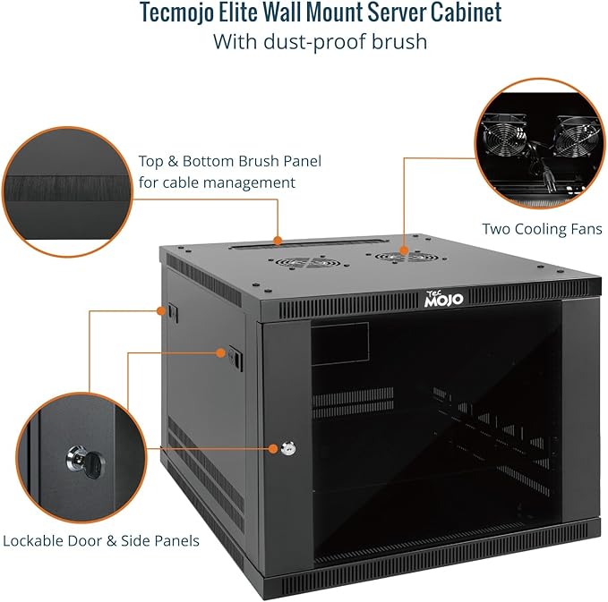 Tecmojo 9U Wall Mount Rack Cabinet, Heavy-Duty 176 Lbs High Load Capacity, 19” Enclosed Server Network Rack with Glass Door, 17.7” Deep – Elite Collection