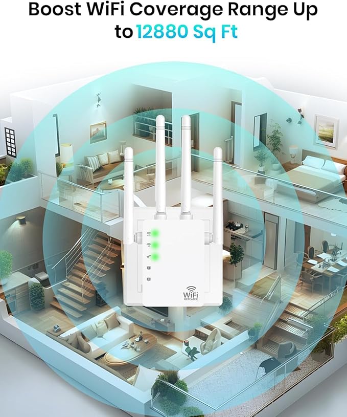 WiFi Extender, WiFi Extender Signal Booster Dual-Band(5.8G&2.4G) Wireless Repeater Coverage to 12880 sq. ft & 105 Devices, 1-Tap Setup, Supports Ethernet Port, Faster Speed