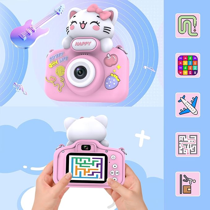 Kids Camera for Boys and Girls, 1080P Toddler Camera with 2" LCD Screen, 8X Digital Zoom, Cute Cat Silicon Case, Includes 16GB SD Card, Ideal Gift for Children Ages 3–12