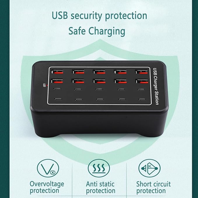 USB C Charger Block, 100W(20A) 20 Port Multiport USB Hub Desktop Fast Wall Charger, 10 Port USB C and USB Charging Compatible for Apple iPhone, iPad, Tablets, Samsung Galaxy