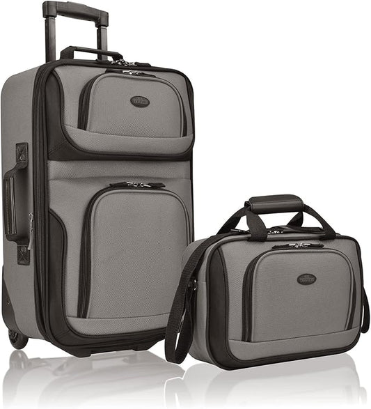 U.S. Traveler Rio Fabric Expandable Carry-on Luggage, Rolling Suitcase, Grey, 2 Wheel Set
