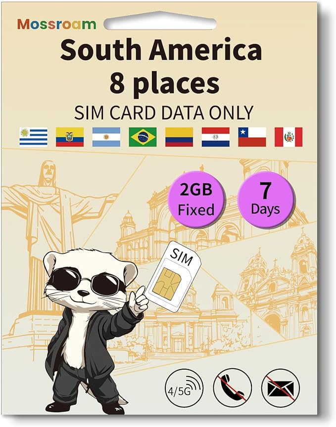 SIM Card for 8 Countries in South America– Prepaid Data Plans | 2GB Daily Data,7 Days | High-Speed Internet | Ideal for Travelers