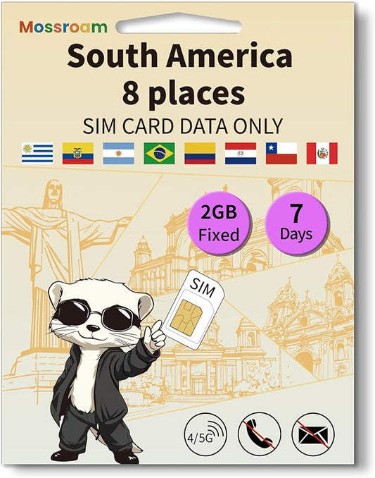 SIM Card for 8 Countries in South America– Prepaid Data Plans | 2GB Daily Data,7 Days | High-Speed Internet | Ideal for Travelers