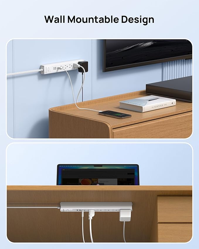 TROND 360° Rotating Plug Surge Protector Power Strip, 2 USB C and 2 USB A, 5 Widely Spaced Outlets, 1440J Surge Protection, Wall Mountable, Flat Cord Extension Cord 10ft for Home Office Dorm, White