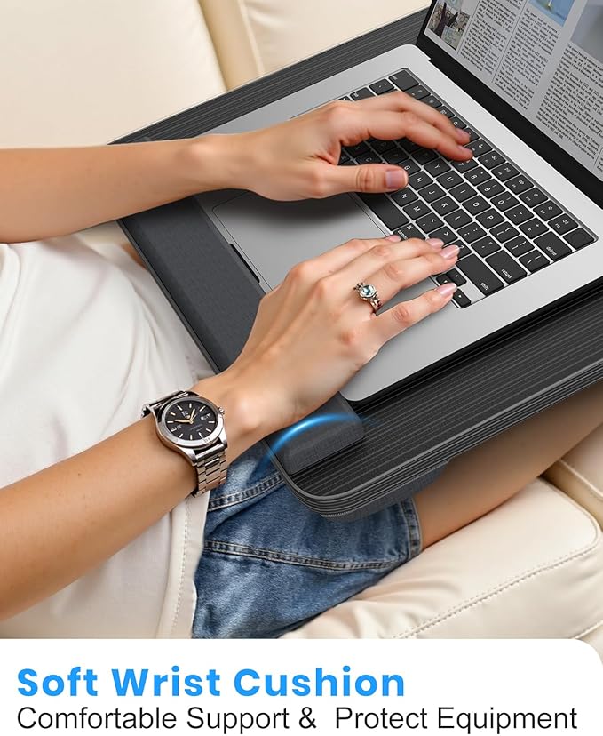 Portable Lap Desk, Laptop Stand for Bed with Soft Wrist Rest, Tablet/Phone Slot, Fabric Handle, Laptop Bed Desk with Cushion (Black)