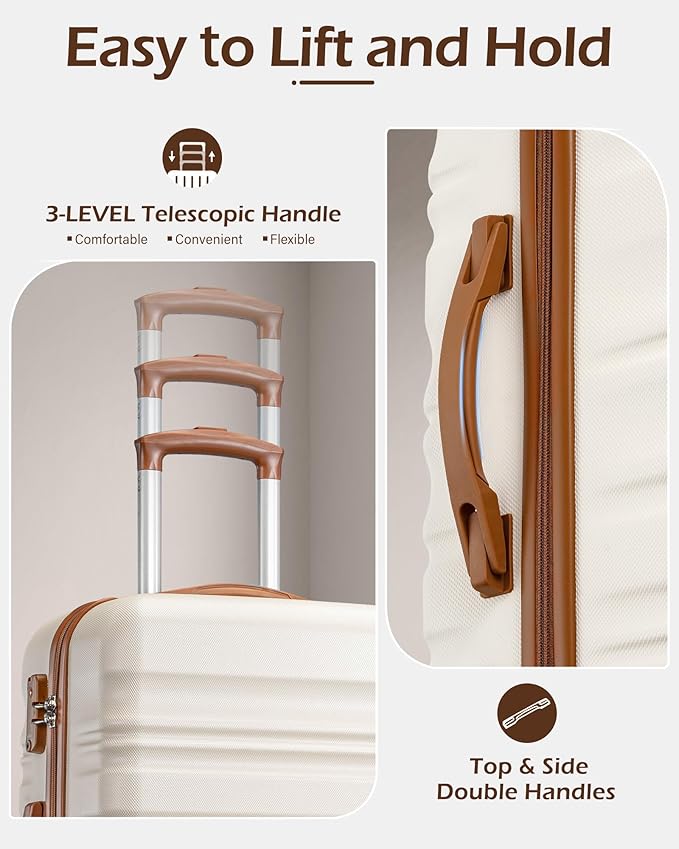 LONG VACATION Carry On Luggage Sets 3 Piece 20 Inch Suitcase Set, ABS+PC Hardshell Lightweight Travel Luggage with Spinner Wheels & YKK Zipper TSA Lock (WHITE-BROWN, 20 Inch)