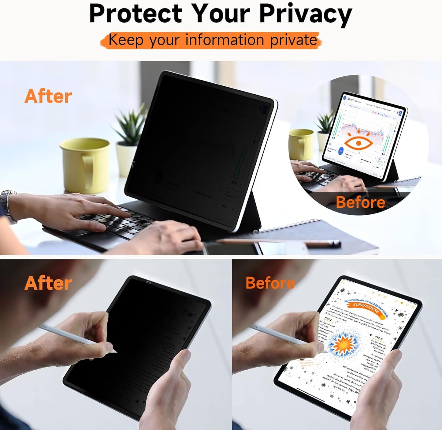Upgrade 360° Privacy Screen Protector for Apple iPad Pro 11 inch 5th M4 2024, Magicsuction 4-Way Anti Spy Glare Blue Light Filter (Landscape+Portrait Privacy), High Sensitive/Bubble Free/Reusable