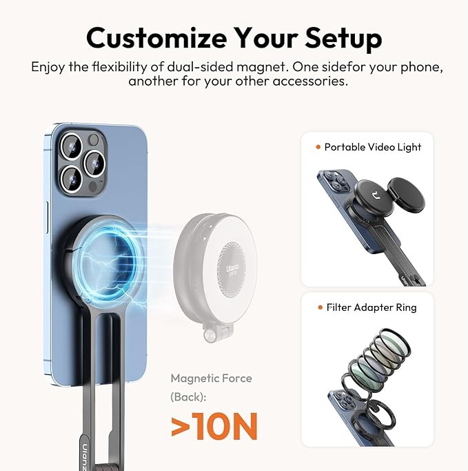 ULANZI MA30 Magnetic Phone Tripod Stand for iPhone - Aluminium Maglock Smartphone Mini Tripod Pocket Cell Phone Stand Strong Magnet Quick Mount Compatible with iPhone 17 16 15 14 13 12 Series, Silver