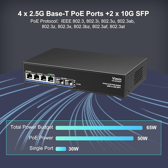 6-Port 2.5G PoE Switch Unmanaged, 4X 2.5GBase-T PoE Ports, 2X 10Gbps SFP, 4 Port PoE Switch 60Gbps Switching Capacity, Support IEEE802.3af/at, Metal Housing, Fanless, Desktop/Wall Mount 2.5Gbe Switch