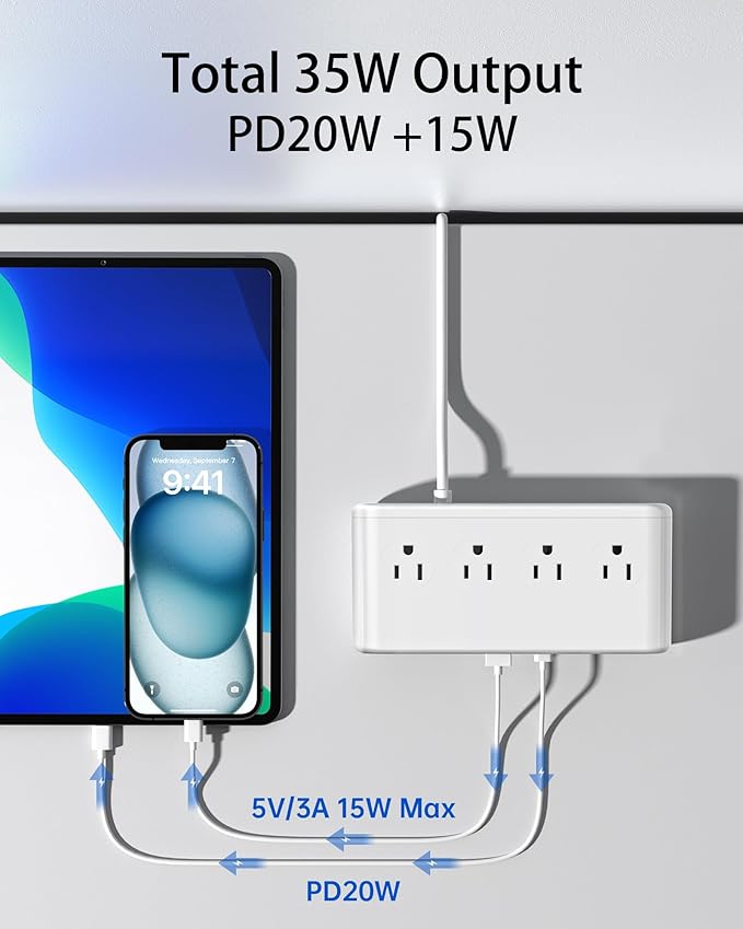 10-in-1 USB Charging Station with AC Outlets, Surge Protector Power Strip with USB Ports PD 20W, 4.9ft USB Extension Cord for Home/Office/Travelling Essentials