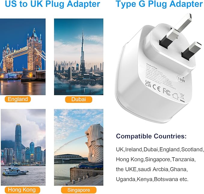 Type G-UK Plug Adapter, VooLerTun England Travel Adapter with 4 USB Ports (2 USB C),1 American Outlet Adapter. US Converter to Ireland Scotland Dubai Hong Kong Travel Essential