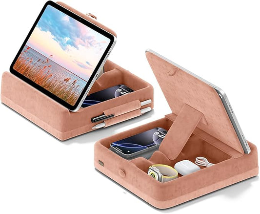 KDD Tablet Pillow Stand with Storage, Foldable iPad Holder for Bed, Lap and Desk, Angle Adjustable Soft Pad Dock with Stylus Mount Compatible with iPad Pro 12.9, 10.5, 11, Air, Mini, Phones, Books