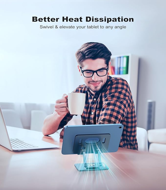 Swivel Tablet Stand with 360 Rotating Base, Adjustable Holder for Drawing, Compatible with iPad Pro/Air/Mini and More (Blue)