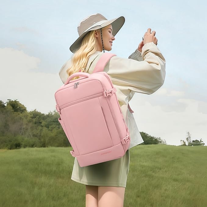 SHOWKOO Travel Backpack For Man Women, Airline Approved Carry On Laptop Backpack For Business, 40L Expandable Large Capacity Backpack, Pink