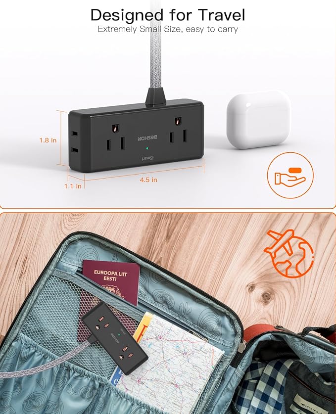 Flat Extension Cord 6 feet, BESHON Flat Plug Power Strip, 4 Widely Outlets with 3 USB Ports (2 USB C), Extension Cord with Multiple Outlets for Home, Office, Dorm Room Essentials, Black