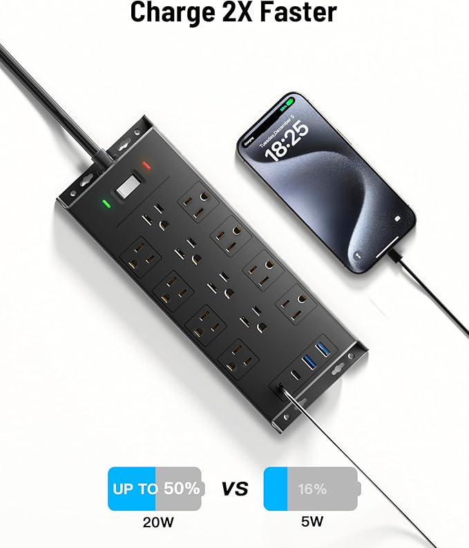 4800J Surge Protector Power Strip, LeZone 10Ft Extension Cord Flat Plug, 12 Outlets 2 USB C 2 USB Ports, Wall Mountable, PD20W Desk Charging Station, Black