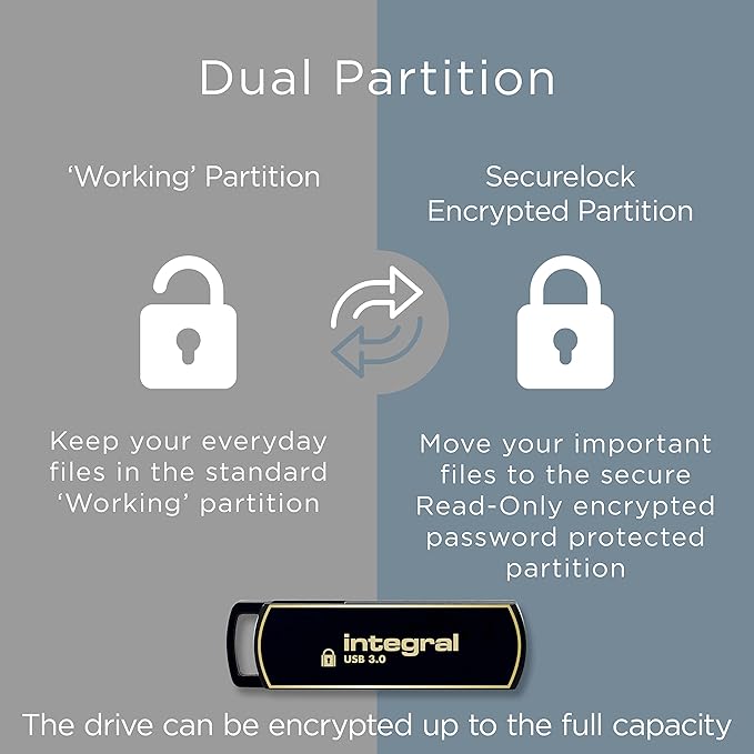 Integral 8GB Secure360 256-Bit Software Encrypted 3.0 USB Secure Flash Memory Drive - Working and Encrypted Dual Partition, Intelligent Password Attack Protection and 360 Degree Rotating casing