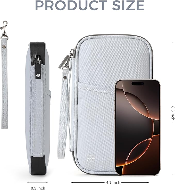 Travel Passport Holder, Large Family Passport Walle for Men Women RFID Passport Cover Lightweight Portable Document Organizer with Wrist Strap (Grey)