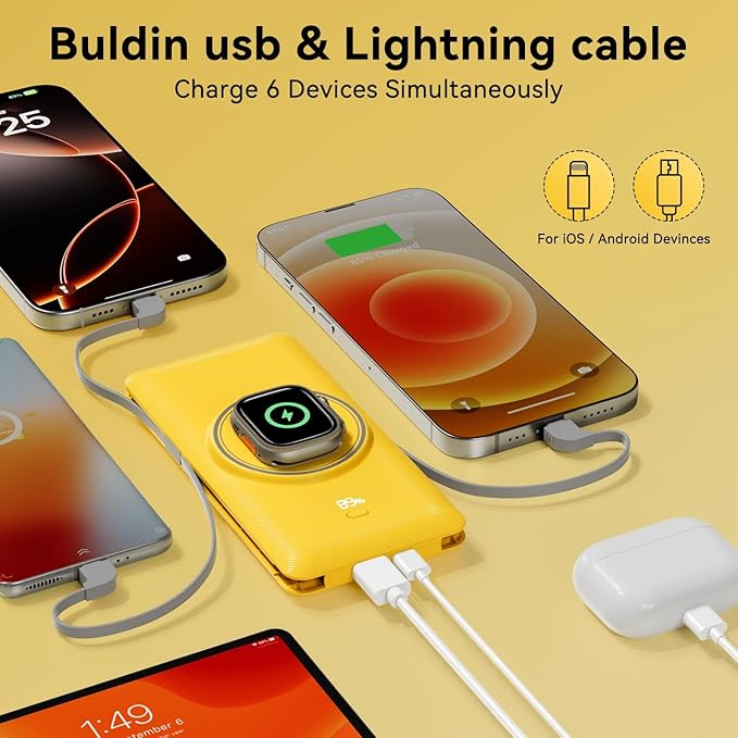 Magnetic 10000mAh Portable Charger for iWatch & iPhone, 22.5W USB C Fast Charging Wireless Power Bank Built-in Cables and Wall Plug, External Travel Battery Pack Compatible with iOS Android Devices