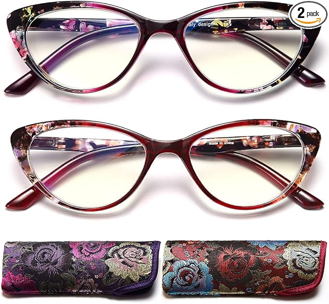 EYEURL Cat Eye Reading Glasses for Womens 2 Pack of Blue Light Blocking Readers +3.0 Spring Hinge Vintage Computer Eyeglass with Colorful Pattern Design